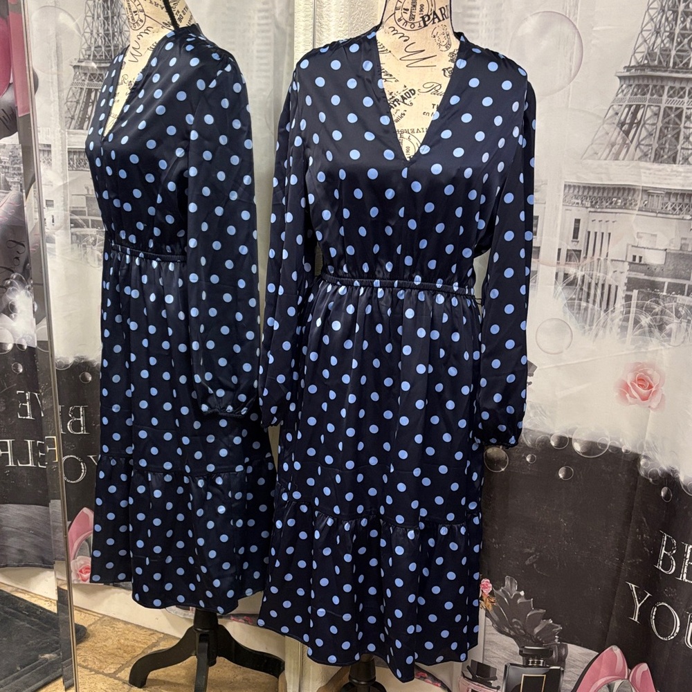 NWT Anne Klein Navy Polka Dot Long Sleeve Dress